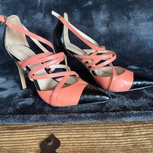 Chic Coral and Black Strappy Heels